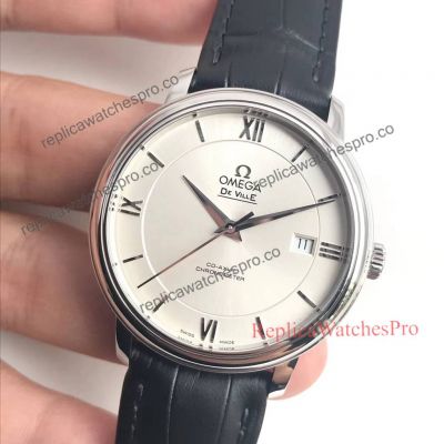 Top Grade Replica De Ville Omega White Dial Watch Black Leather Band